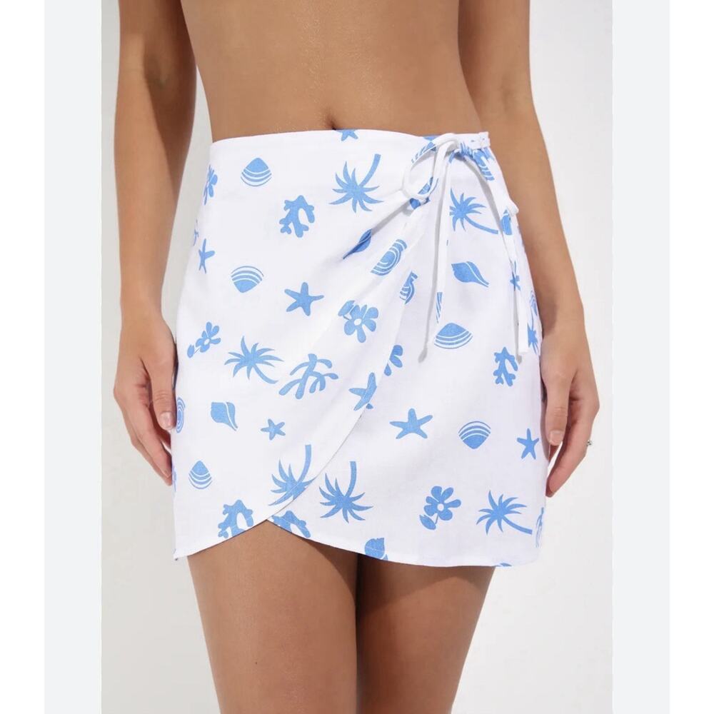 Lulus Beachcombing Babe white blue seashell print wrap Coverup NEW Size Large